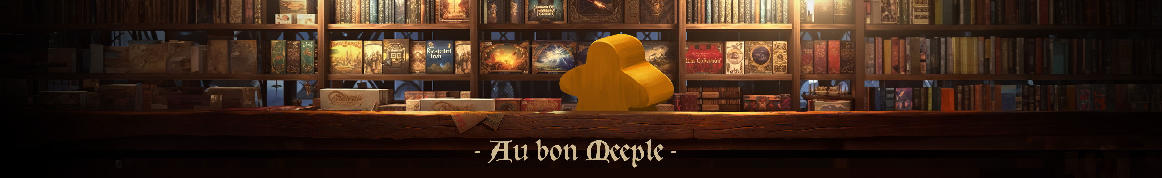 Au bon Meeple — un meeple doré accoudé à un comptoir d'auberge médiévale.